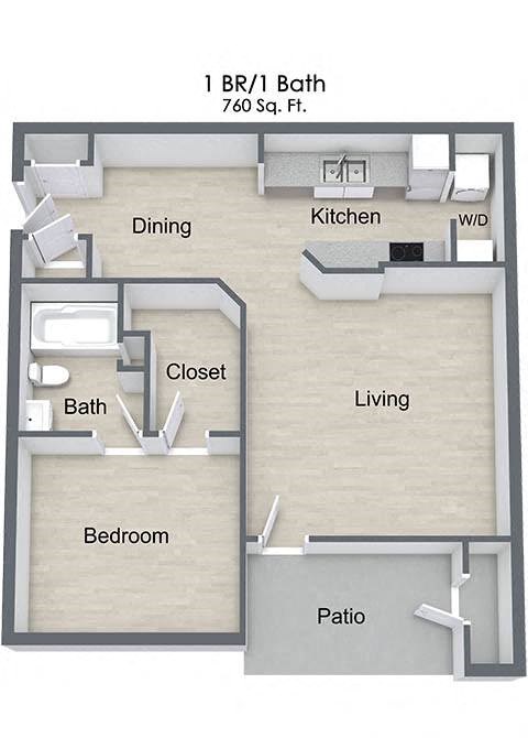 Floor plan for 1 bed, 1 bath, 760 sqft